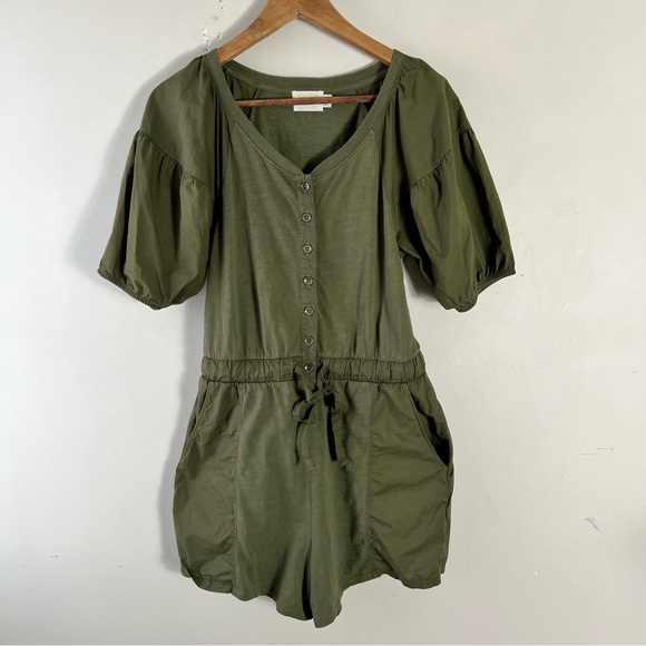 NATION LTD Garner Combo Romper - Ivy Green Size XS Cotton Puff Sleeves Neutral - Picture 7 of 16
